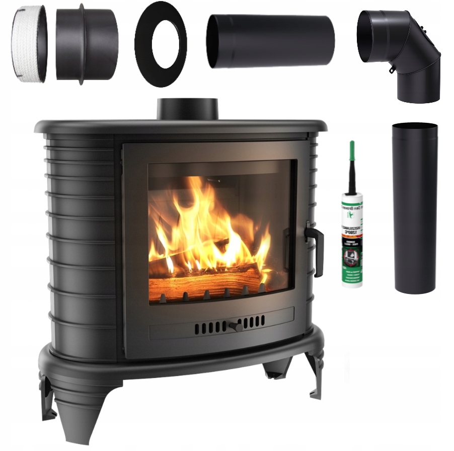 Piec żeliwny KOZA K8 z Turbofanem KRATKI + zestaw do komina fi 200