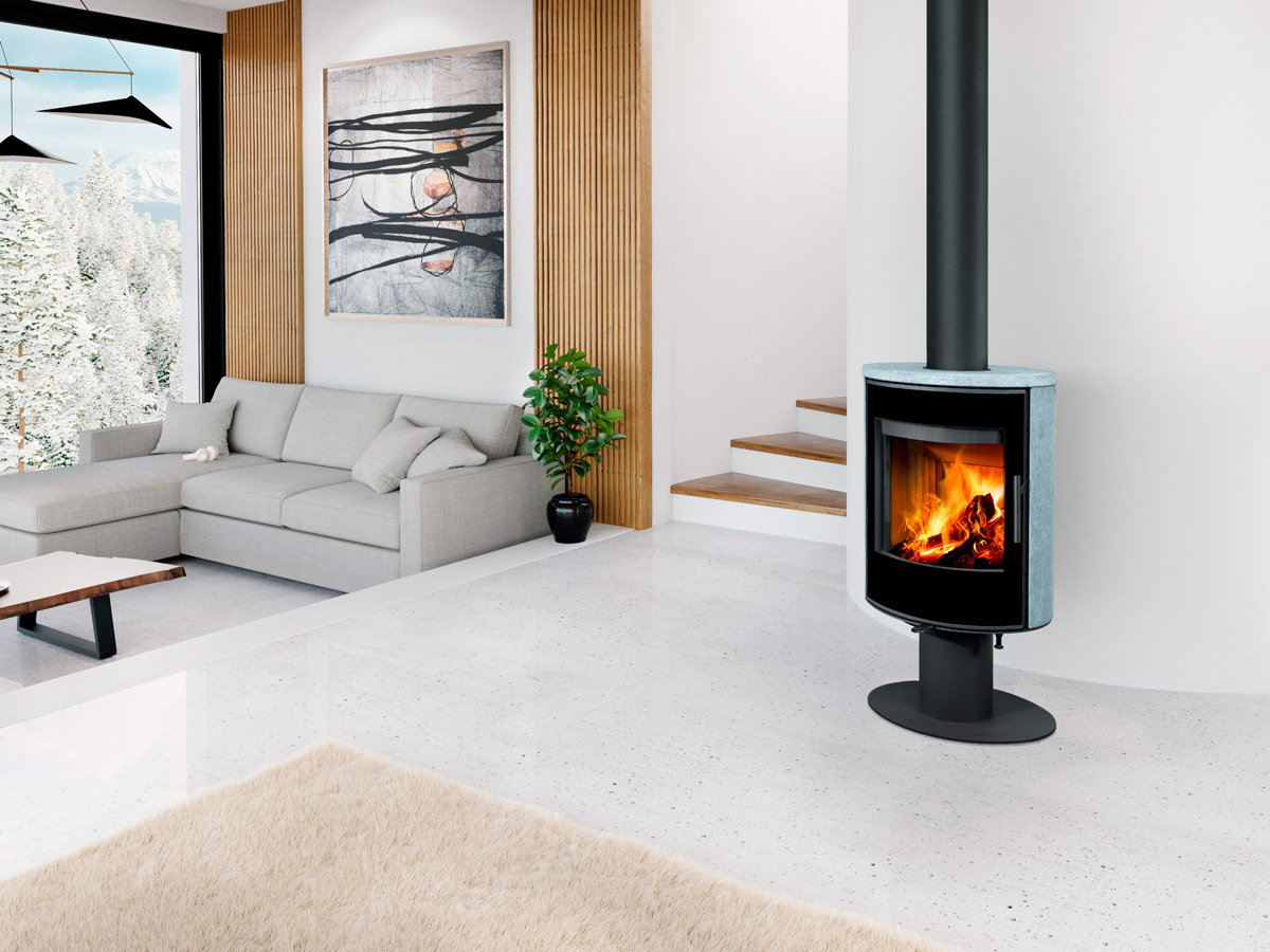 Piec kominkowy Romotop Laredo T kamień w salonie